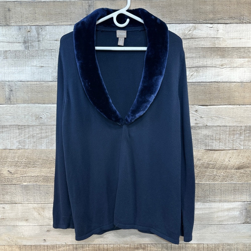 Chicos‎ Women Navy Blue Faux Fur Collar Knit Cardigan Sweater Size 3